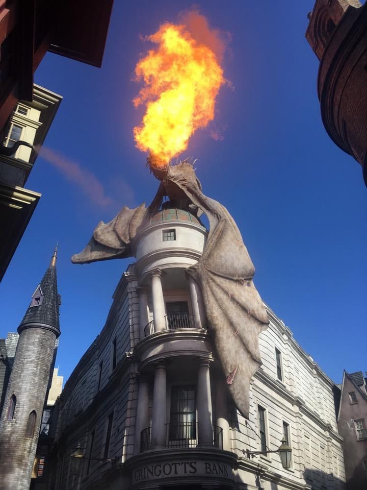 Dragon breathing fire at Gringotts bank